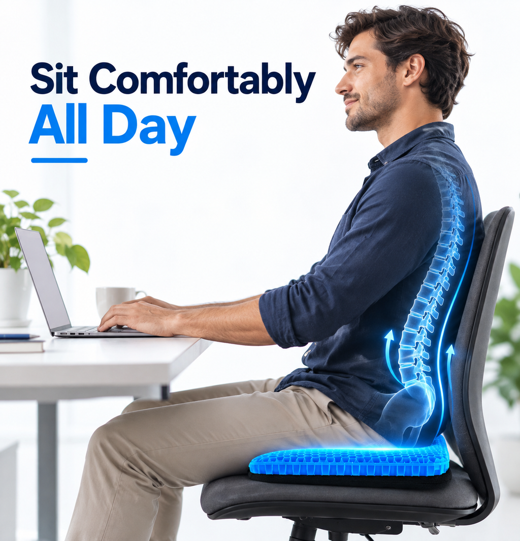Cooling gel seat cushion on an office chair