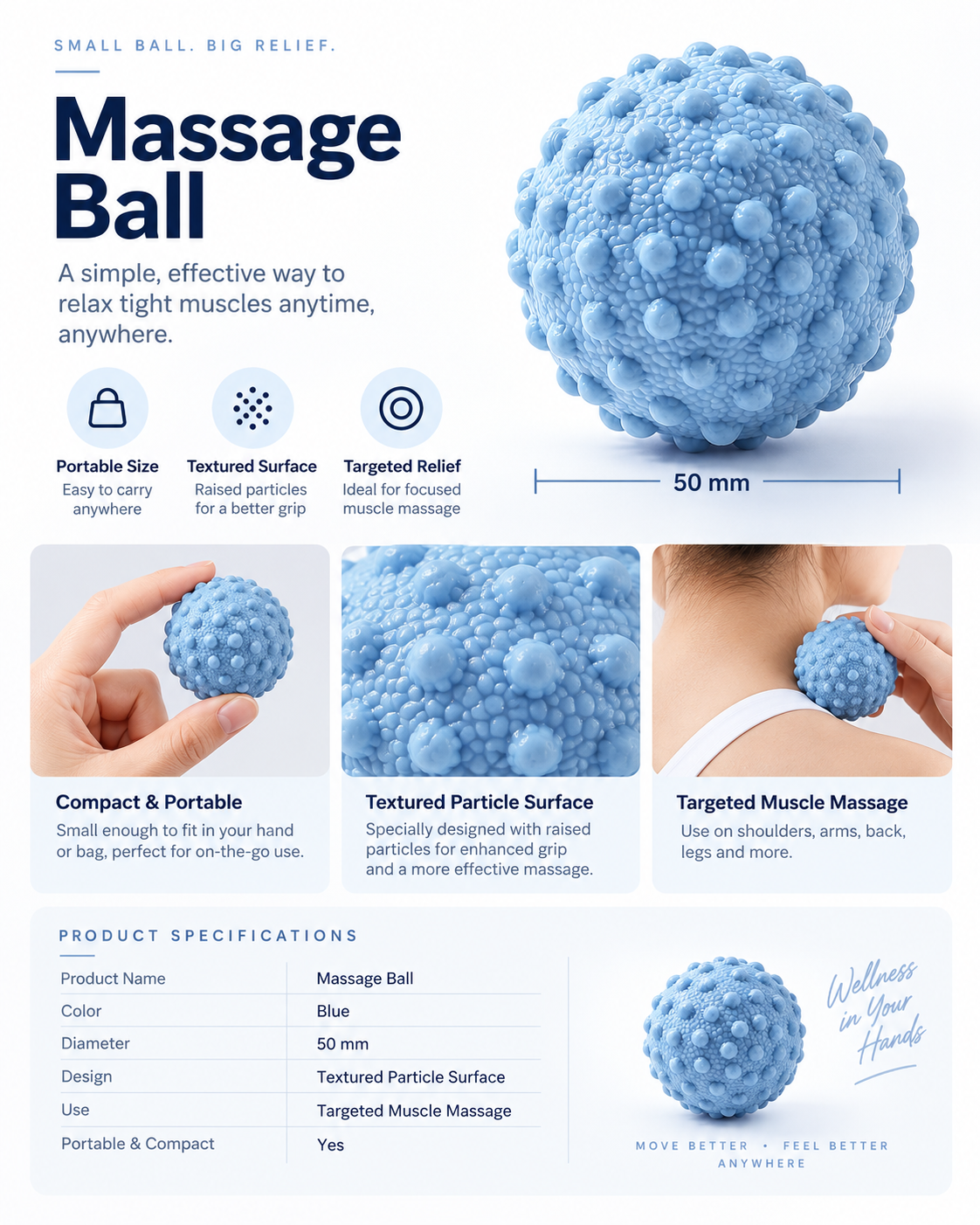 Targeted massage ball features and 50 mm dimensions
