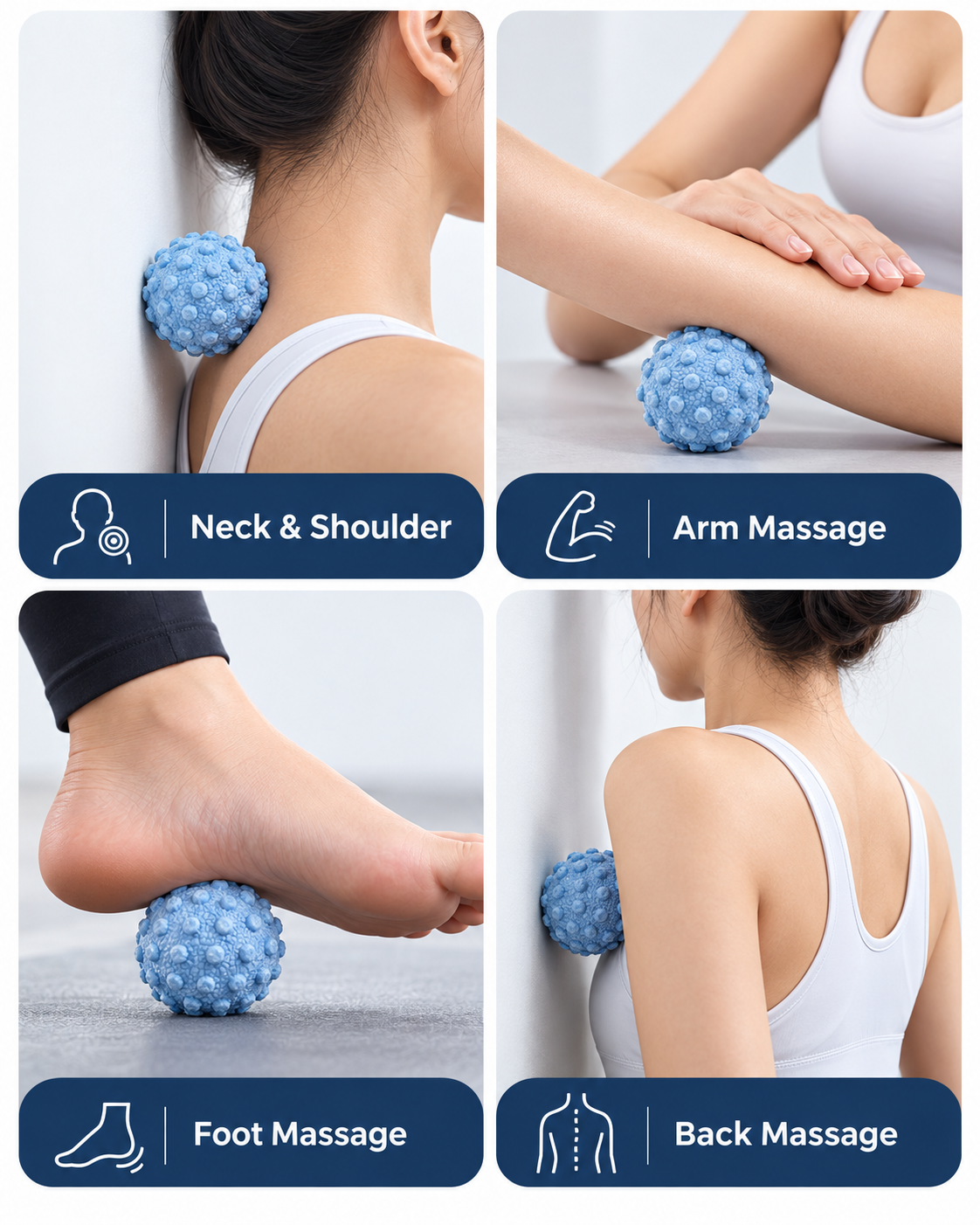 Examples of massage ball use on neck, arm, foot and back