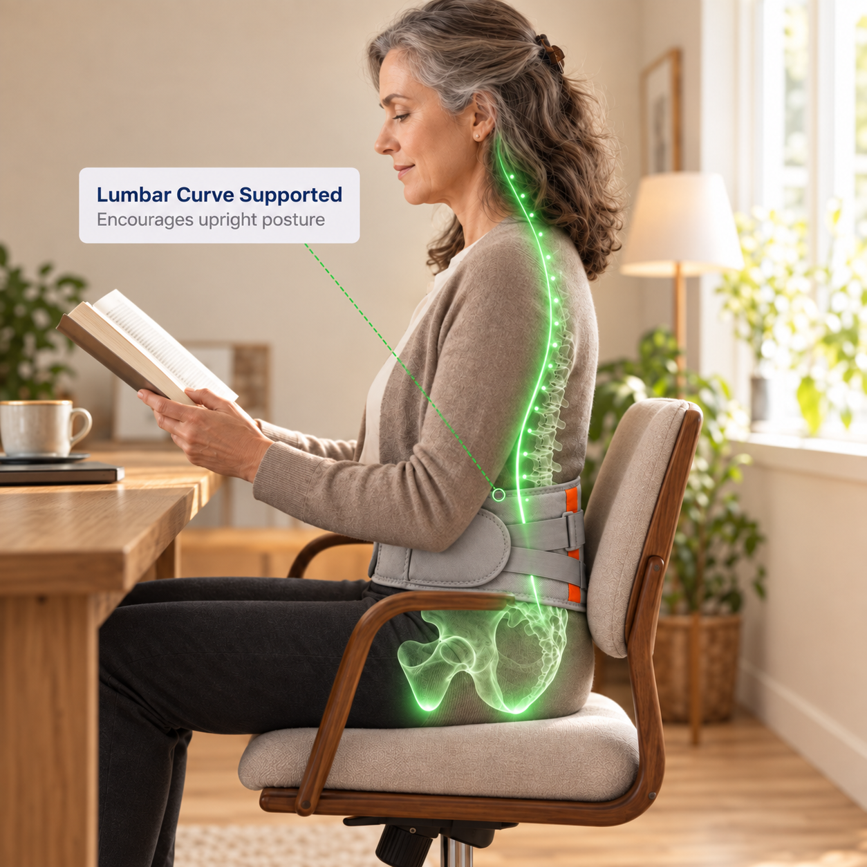 Woman reading while wearing a LumbarRelief brace, with an illustrative lumbar support overlay