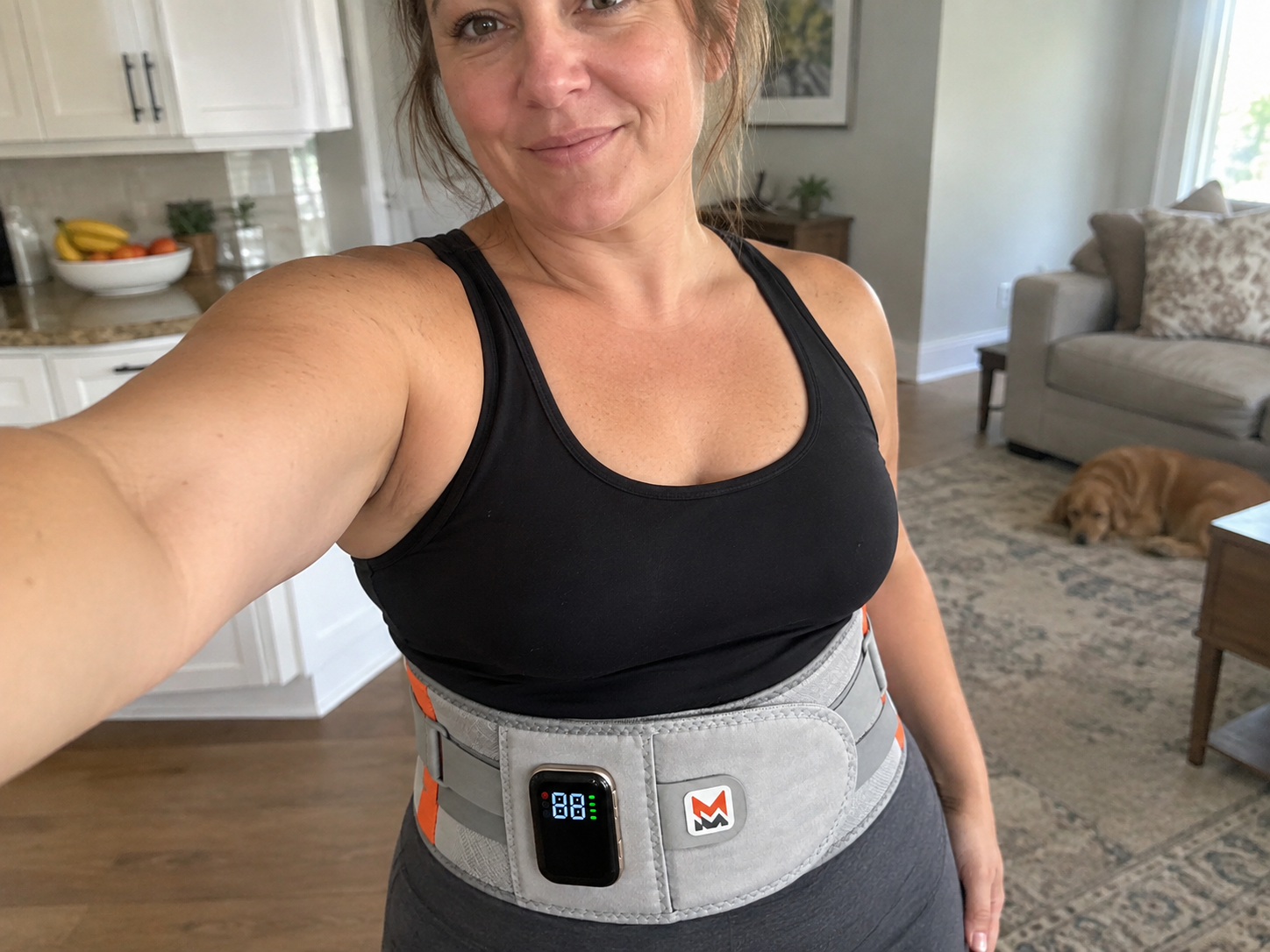 Sarah Mitchell wearing LumbarRelief at home