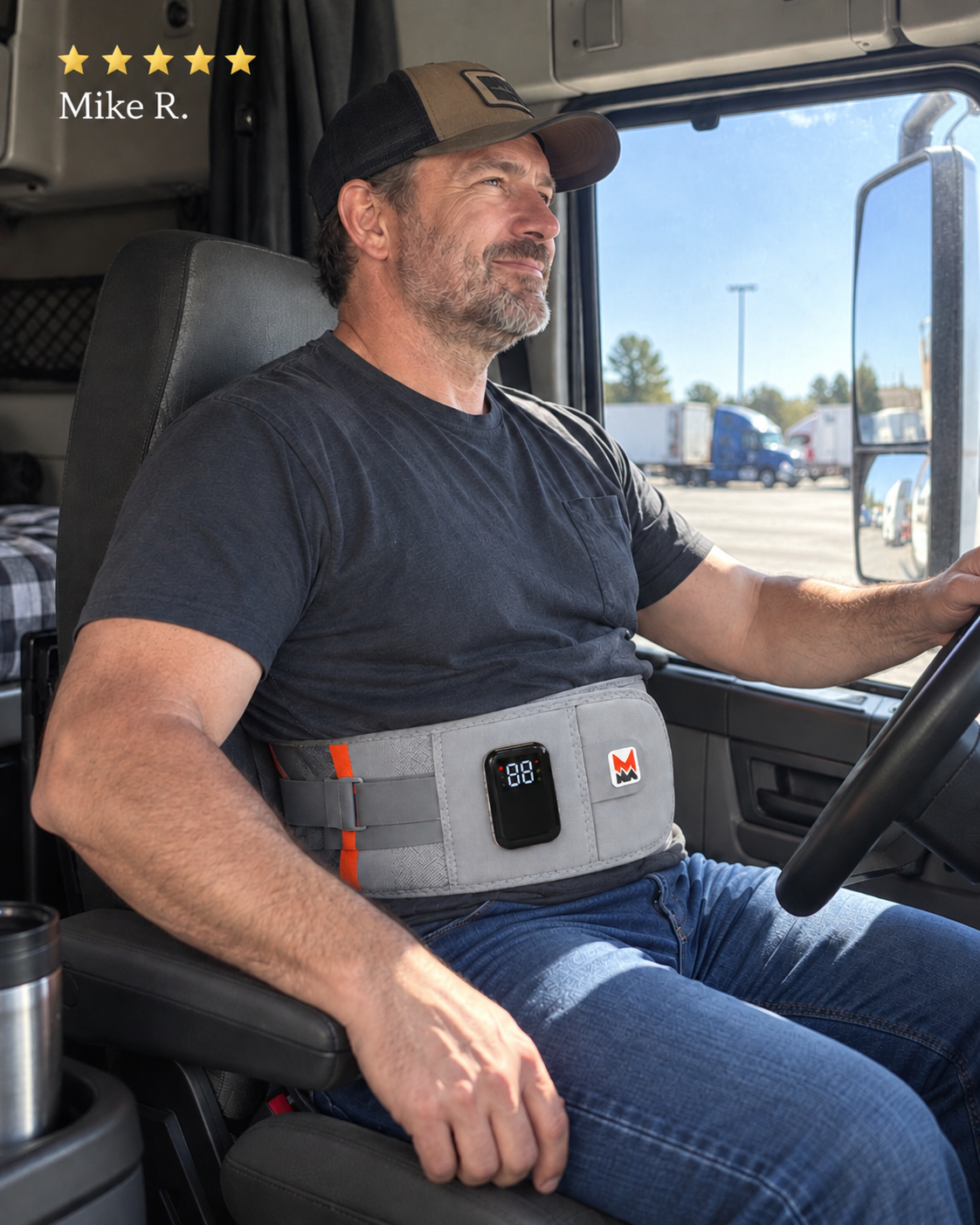Mike R. wearing LumbarRelief in a truck