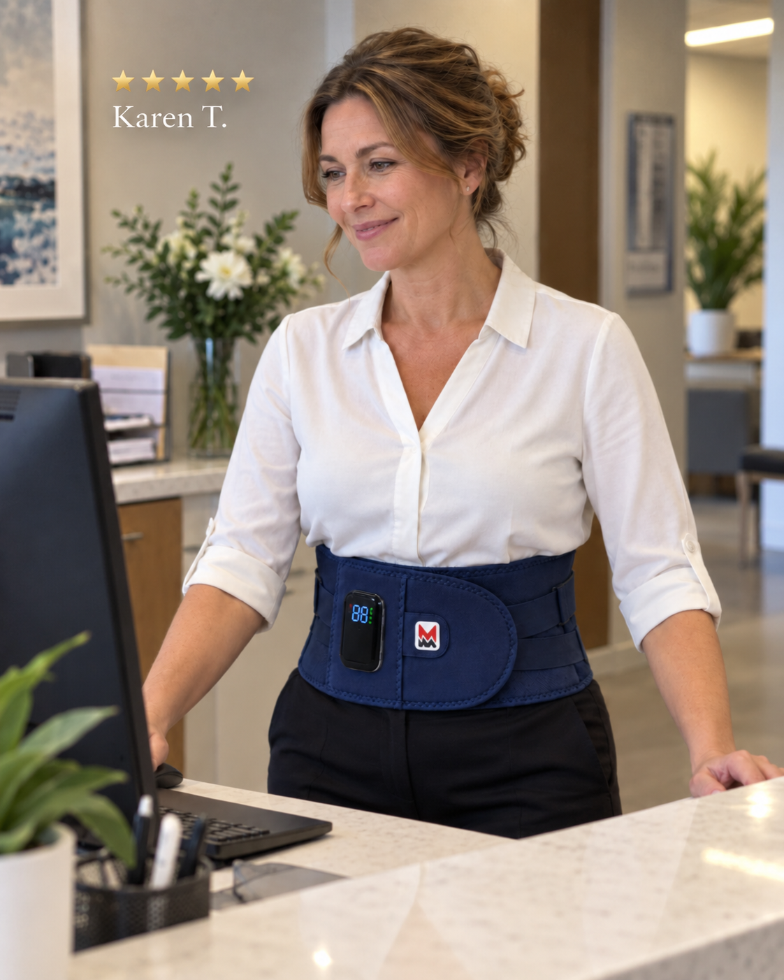 Karen T. wearing Navy LumbarRelief at a desk