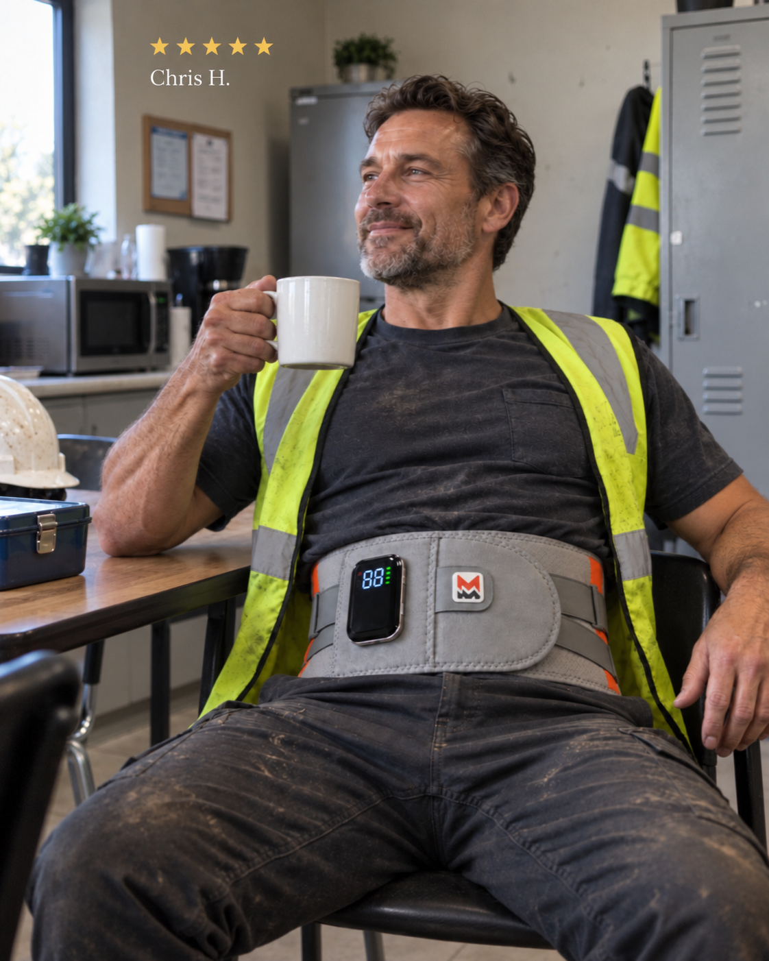 Chris H. wearing LumbarRelief during a work break