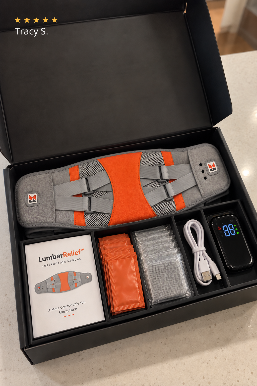 Tracy S. showing the LumbarRelief package