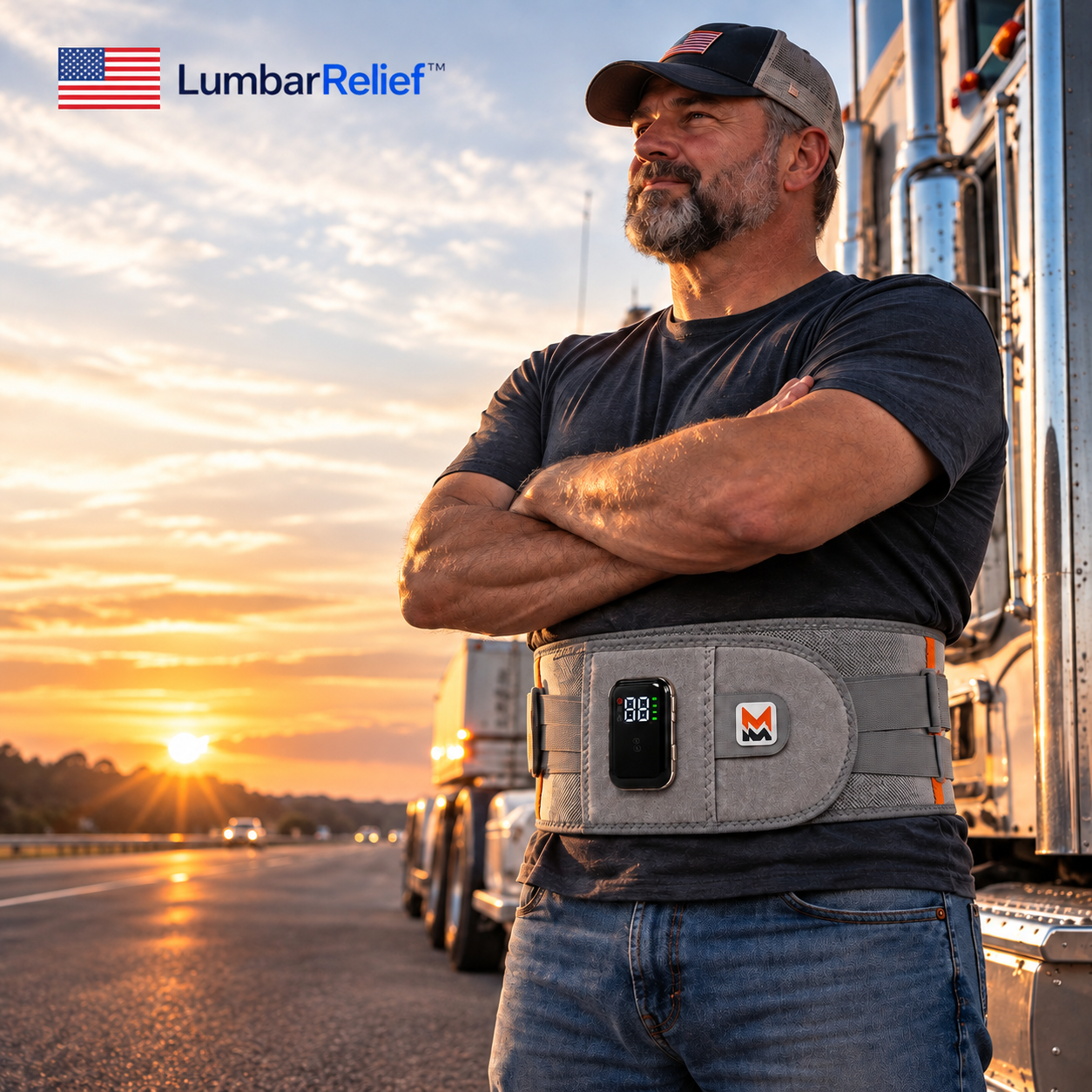 Worker wearing a LumbarRelief support brace beside a truck