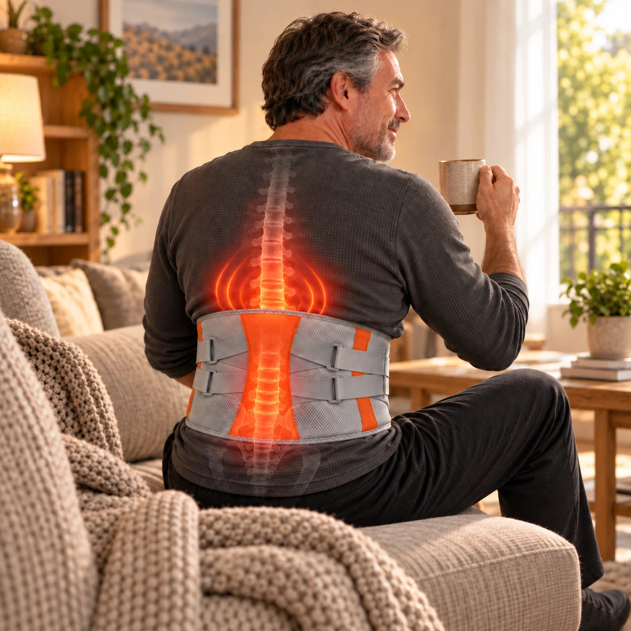 Lumbar brace worn while relaxing at home